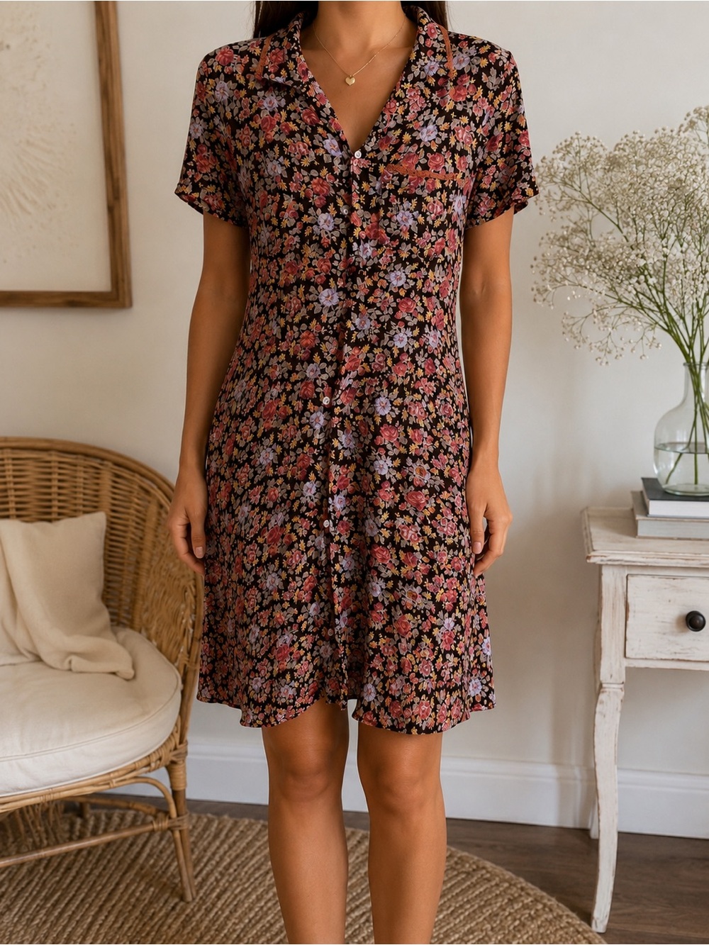 Vintage April Cornell XS Floral Button Front Midi Dress Cottagecore 90s